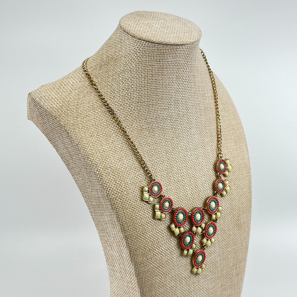 Vintage 80s Boho Geometric Statement Necklace Red Turquoise Color Gold Tone Bib - Picture 11 of 13